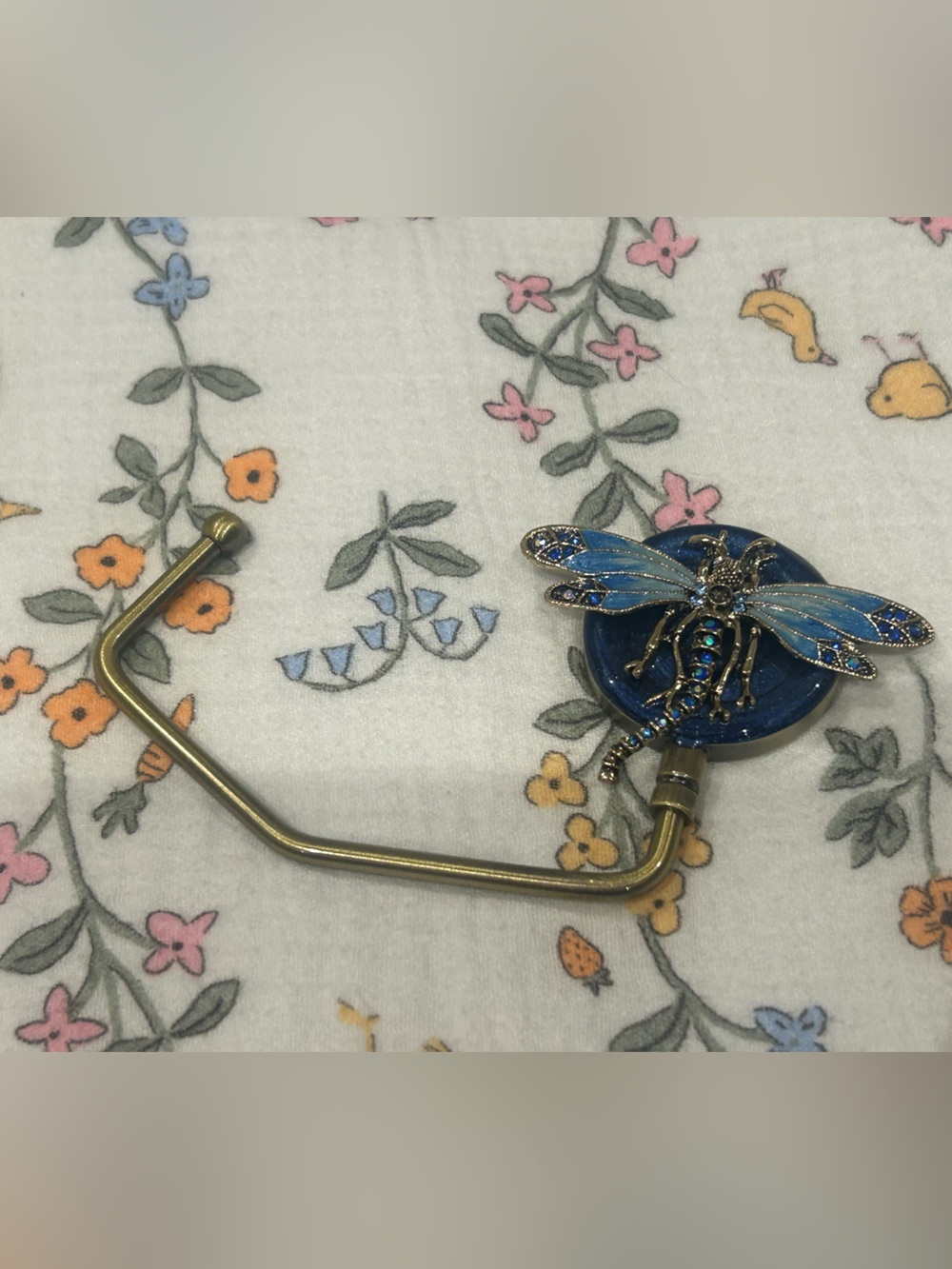 Vintage Dragonfly Purse Hanger Holder Blue Enamel Rhinestones Gold Tone